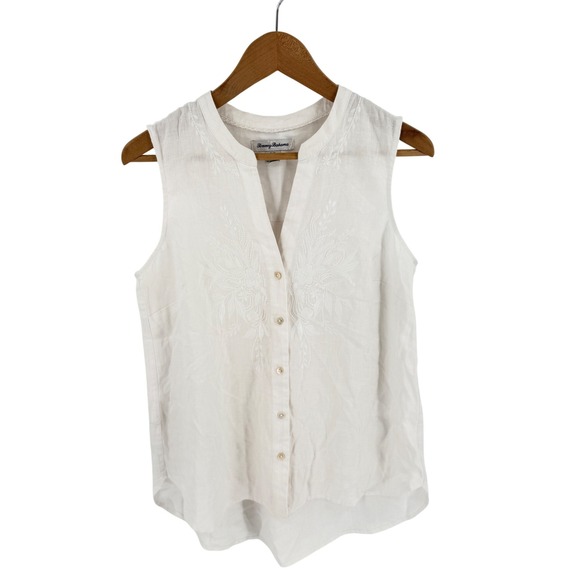 Tommy Bahama Tops - Tommy Bahama Sleeveless Linen Top White Small Embroidered Coastal Beachy Natural
